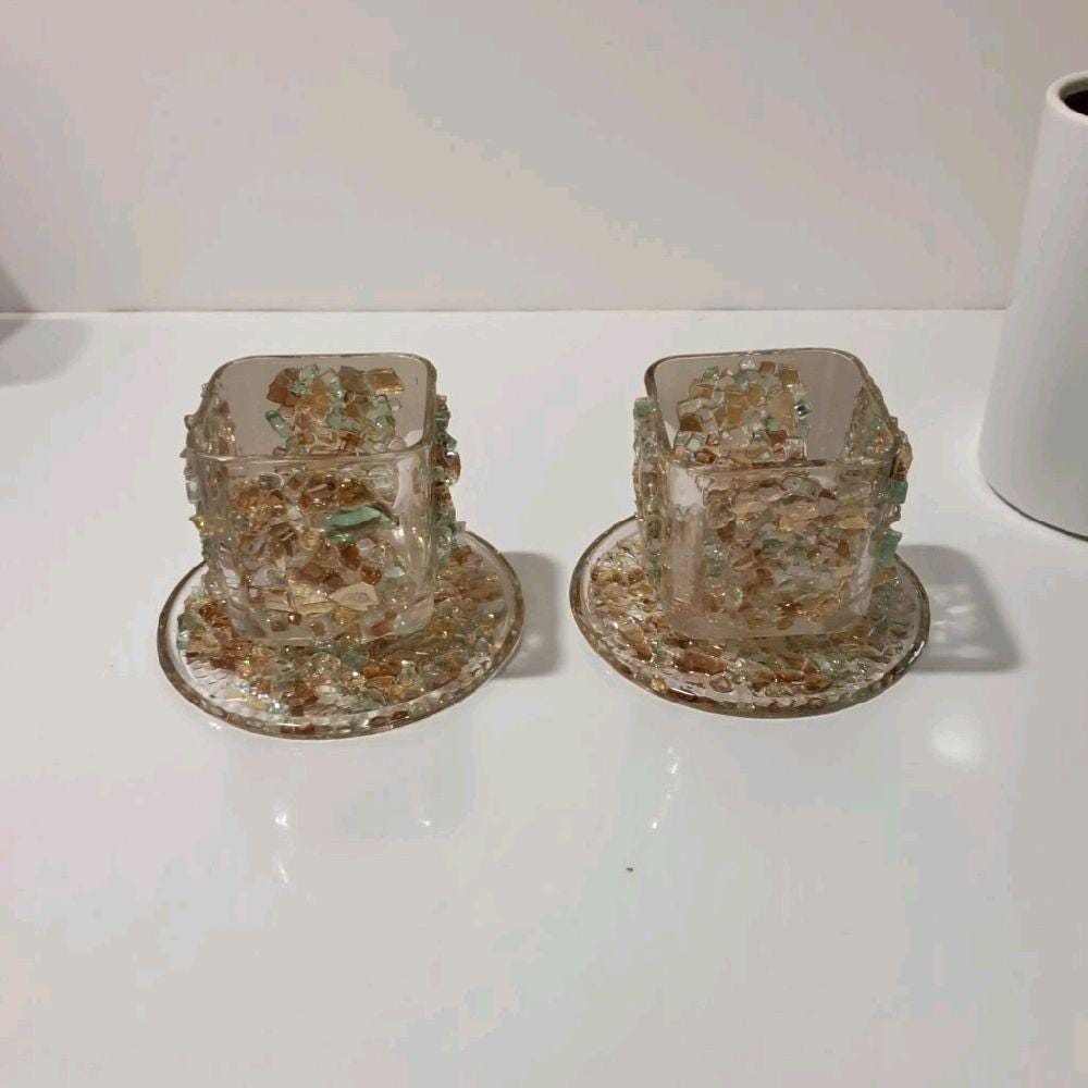 Crystallized Votive Candle Holders: Brown, Gold, Green, Home Decor (Pair)