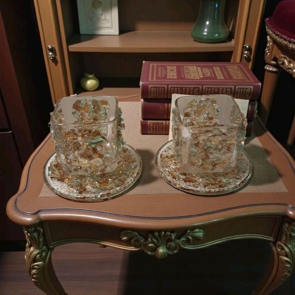 Crystallized Votive Candle Holders: Brown, Gold, Green, Home Decor (Pair)