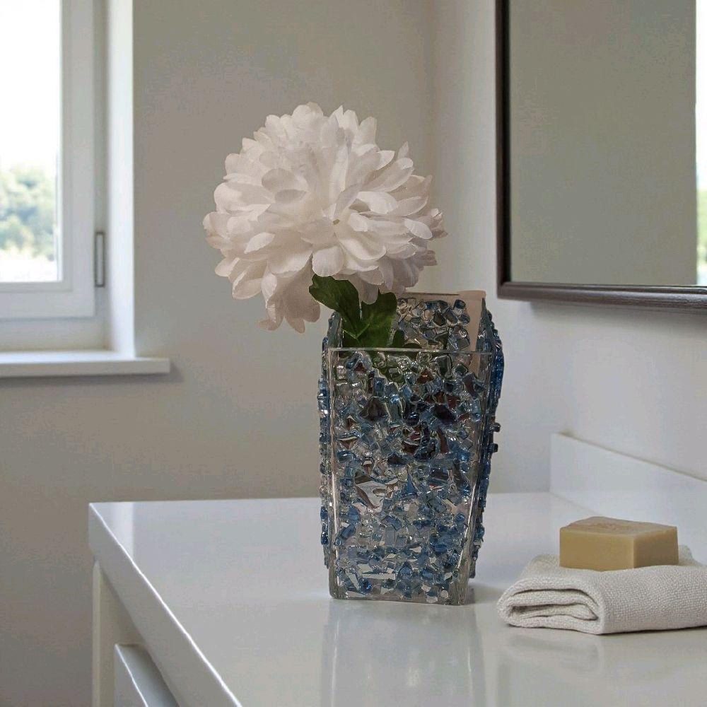 Blue Crystallized Glass Vase, Square Glam Decor