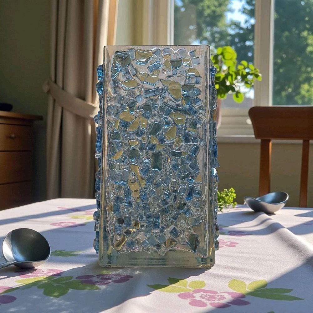 Blue Crystallized Glass Vase, Square Glam Decor