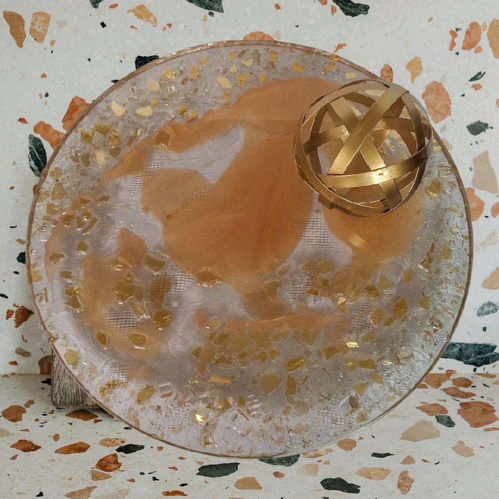 3D Resin Tray, Golden Peach with Gold Crystals, Elegant Home Decor