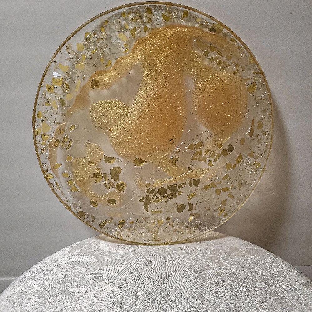 3D Resin Tray, Golden Peach with Gold Crystals, Elegant Home Decor