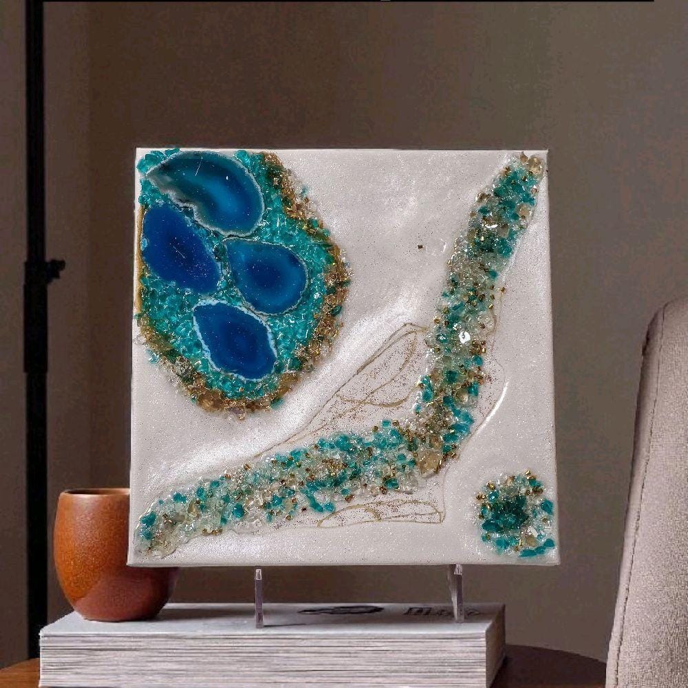 Aqua Blue Crystal Resin Artwork – Hanging Home Decor. Size 10x10