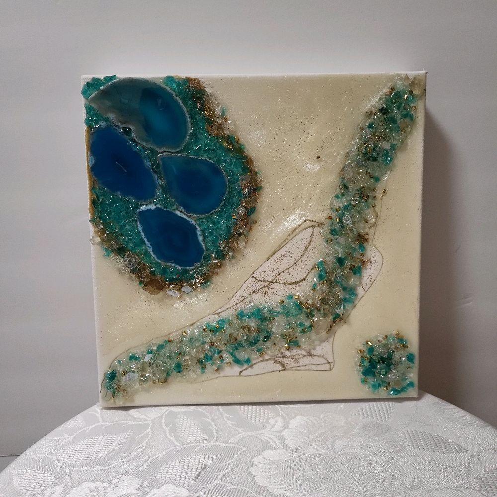 Aqua Blue Crystal Resin Artwork – Hanging Home Decor. Size 10x10