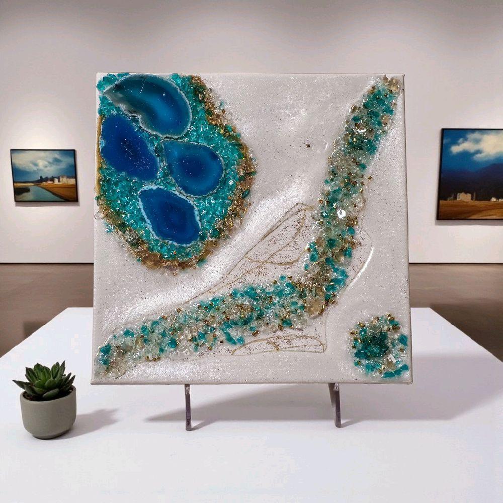 Aqua Blue Crystal Resin Artwork – Hanging Home Decor. Size 10x10