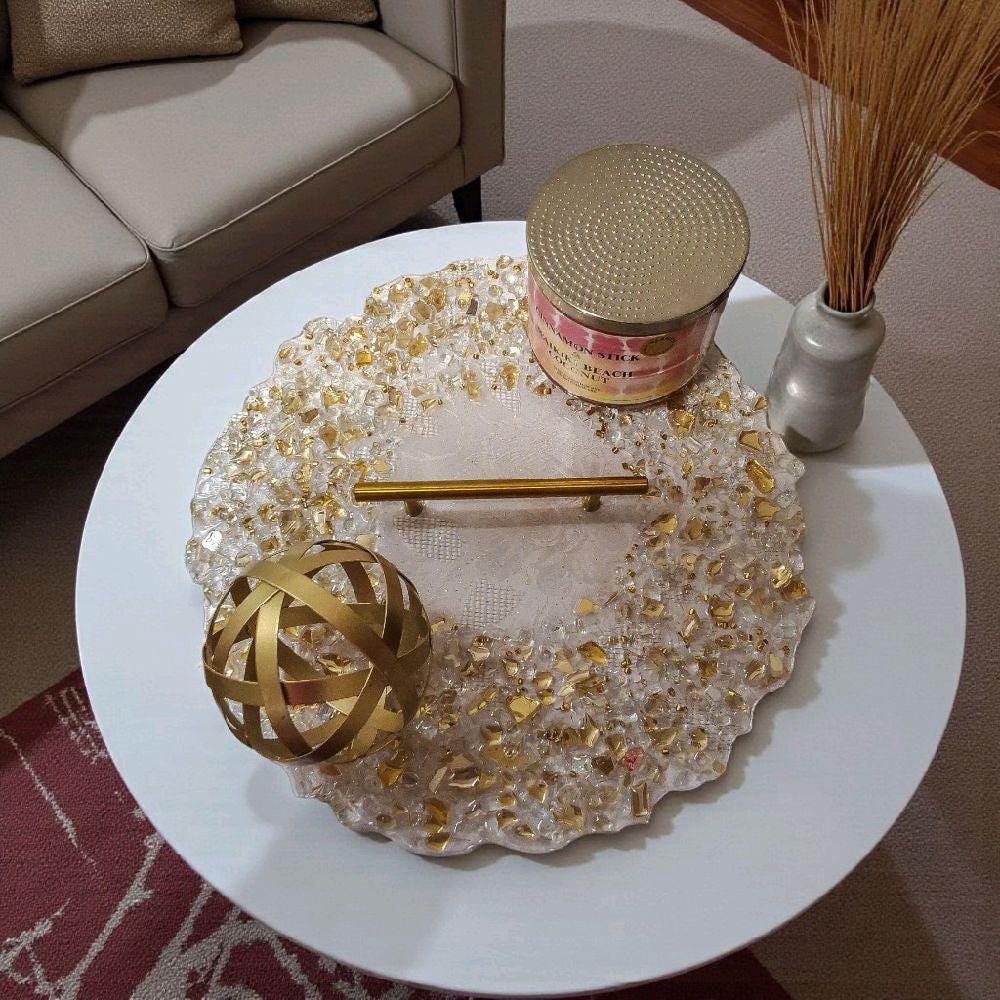 Hand-Designed Gold & Clear Crystal Tray - Elegant 3D Organizer