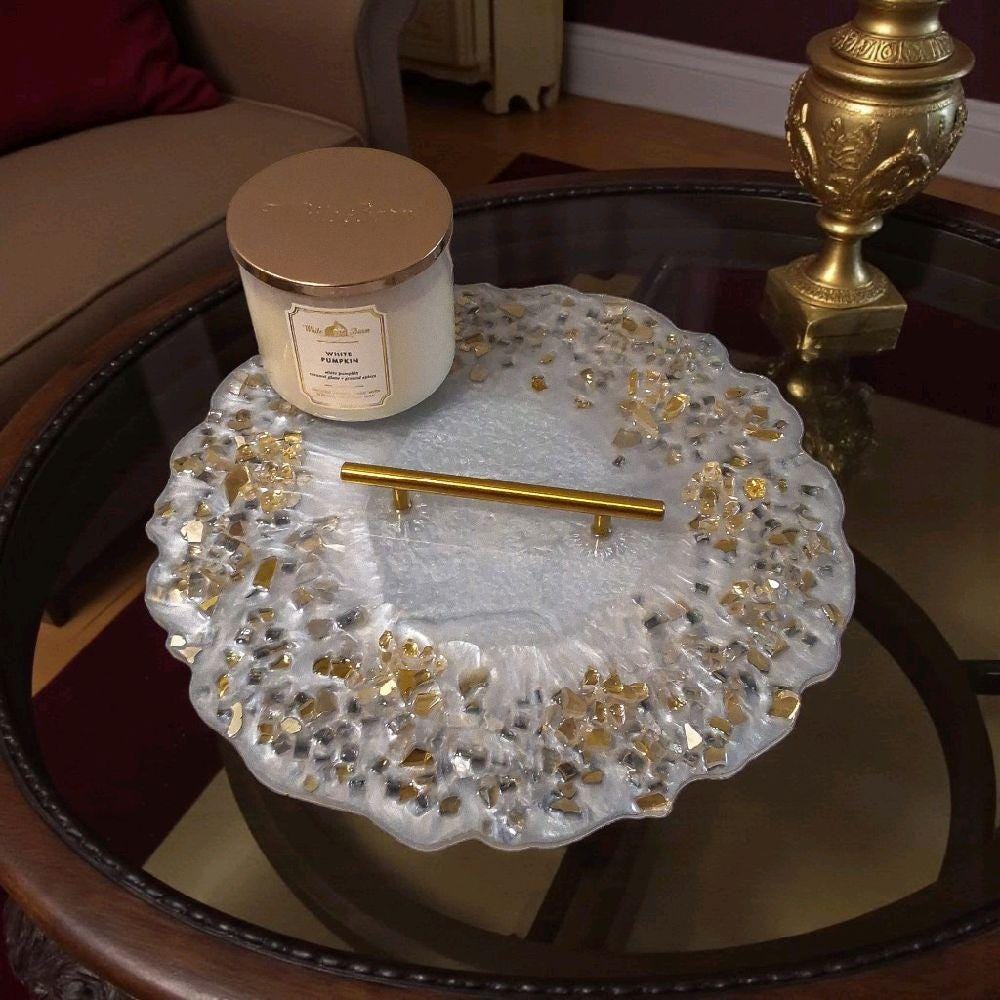 Marble White Resin Tray with Gold Crystals - Glam Home Decor