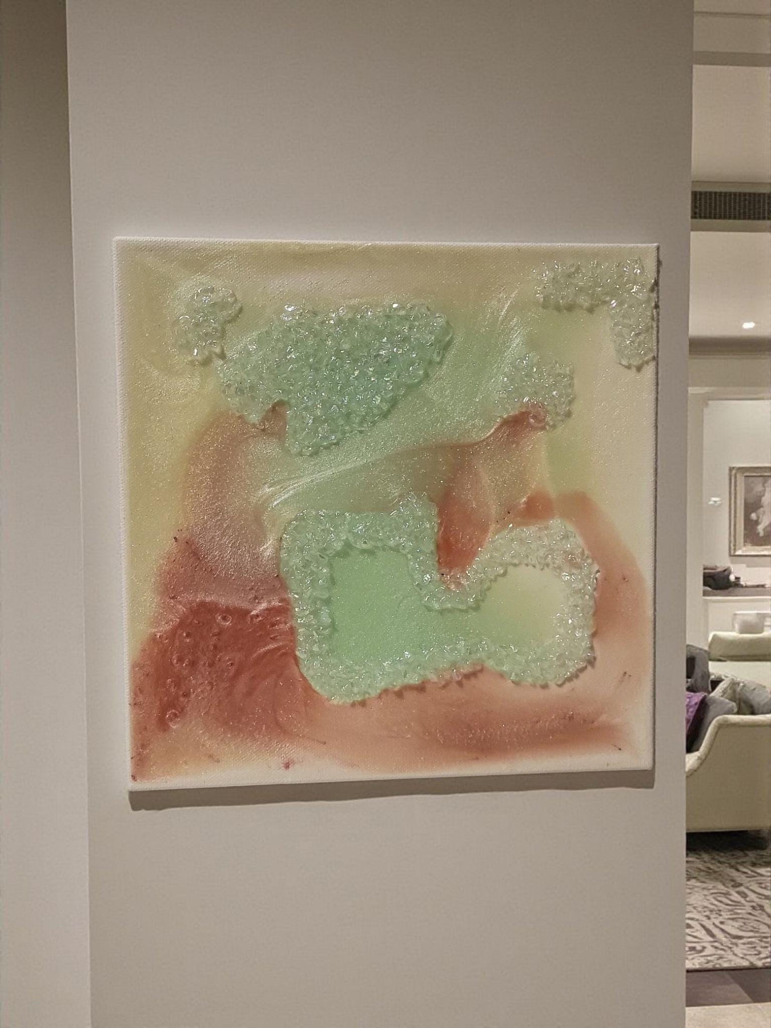 Iridescent Crystal Resin Painting - Pink, Aqua Green Hanging Decor. Size 10x10