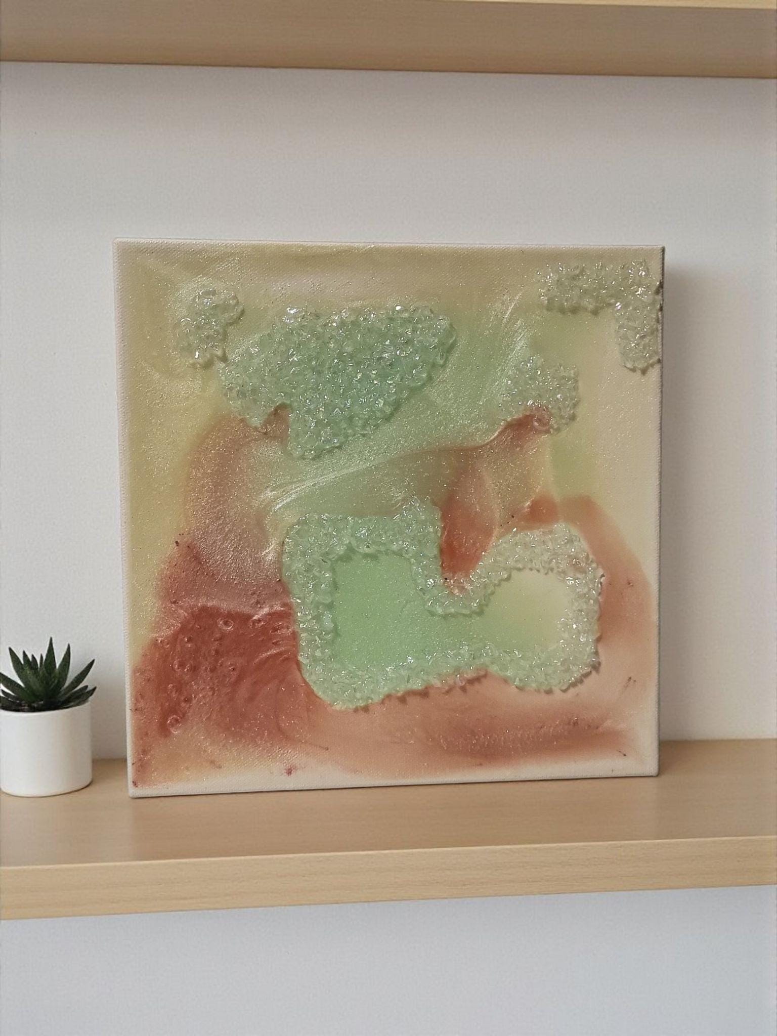 Iridescent Crystal Resin Painting - Pink, Aqua Green Hanging Decor. Size 10x10