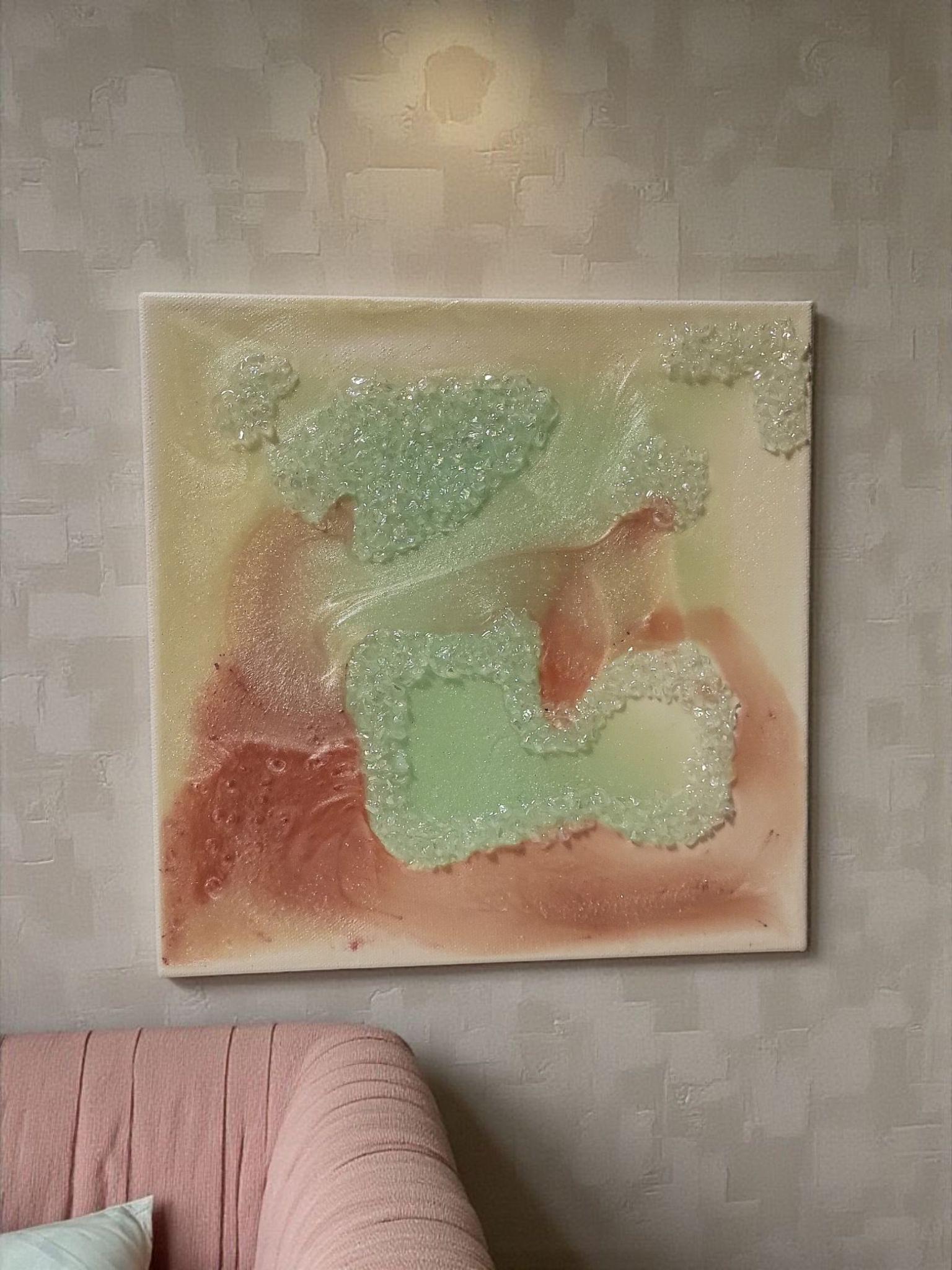 Iridescent Crystal Resin Painting - Pink, Aqua Green Hanging Decor. Size 10x10