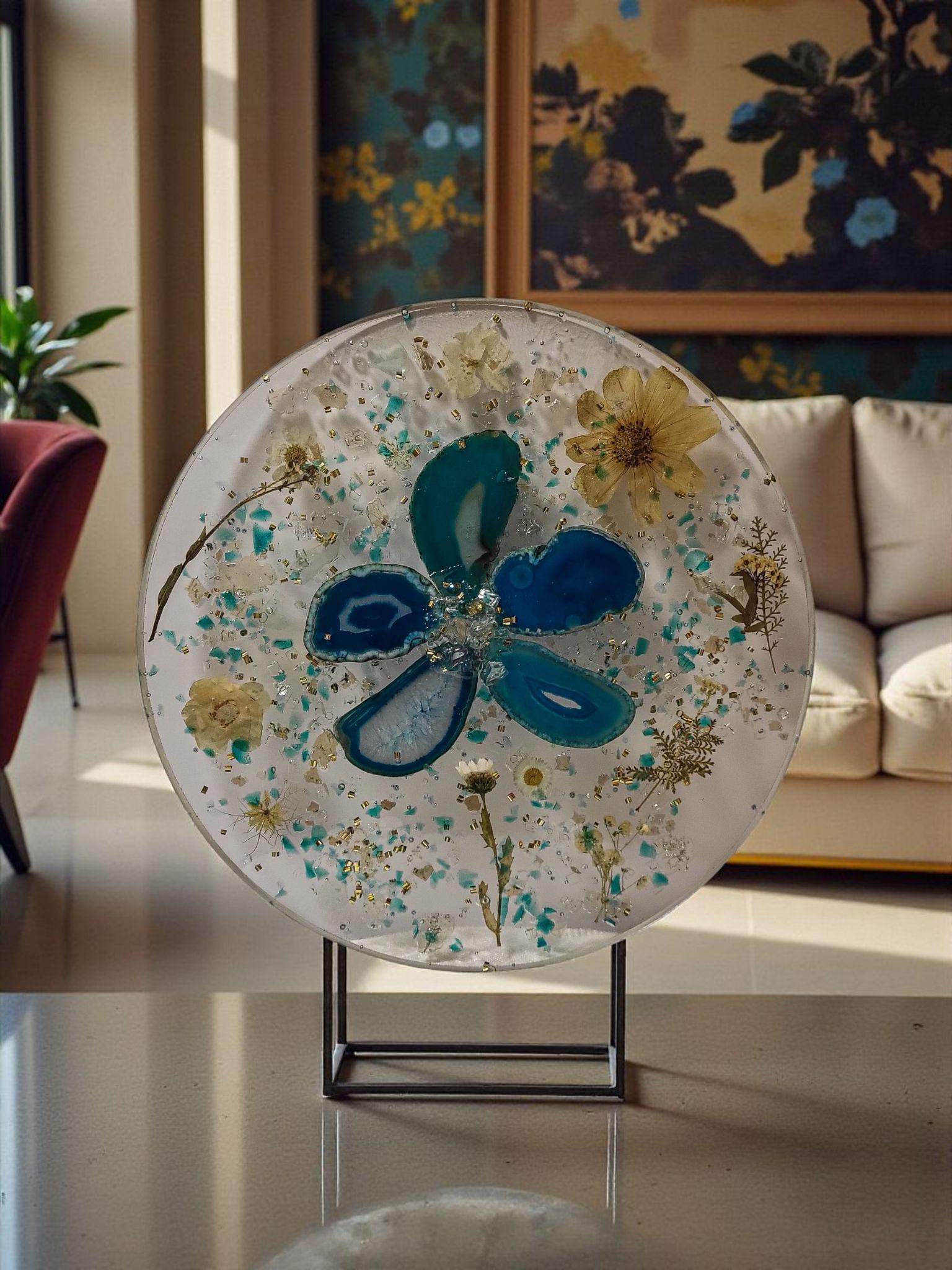 3D Resin Tray, Teal and Yellow Crystals, Elegant Home Decor