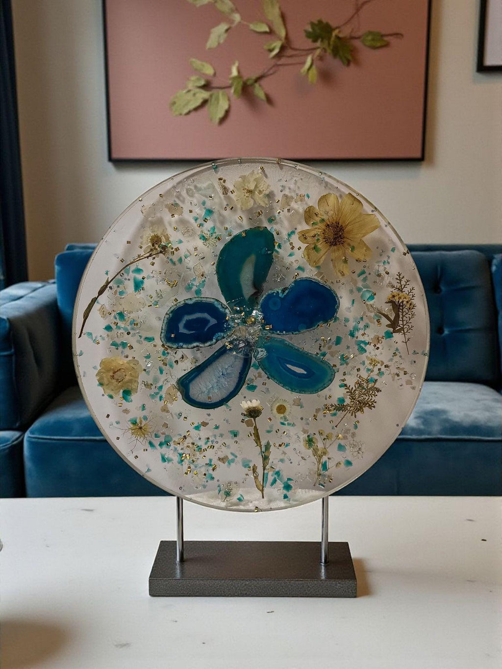 3D Resin Tray, Teal and Yellow Crystals, Elegant Home Decor