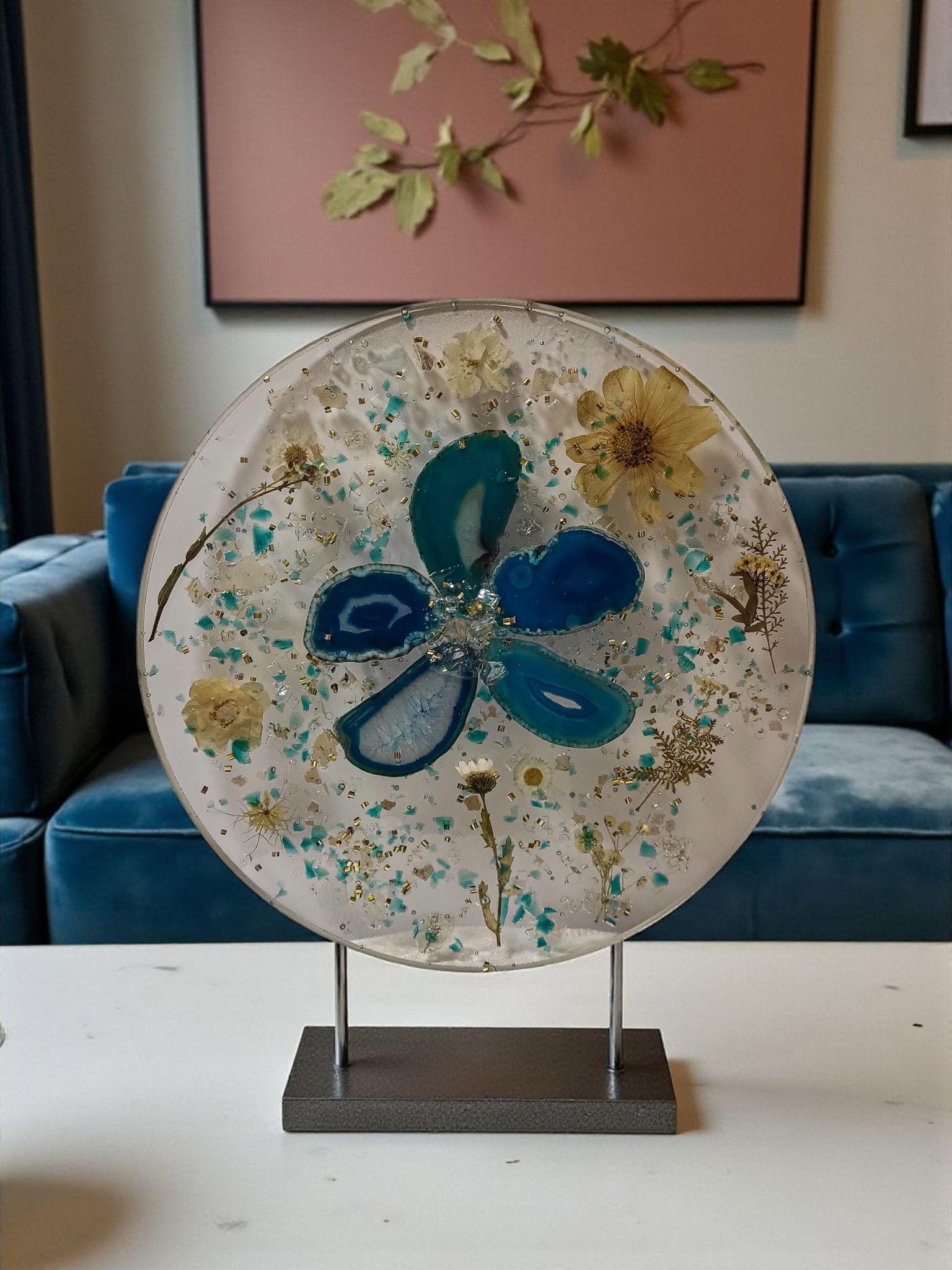3D Resin Tray, Teal and Yellow Crystals, Elegant Home Decor