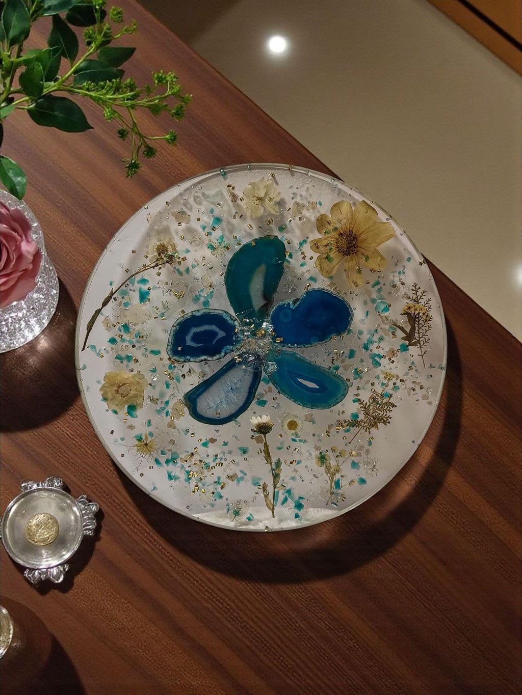 3D Resin Tray, Teal and Yellow Crystals, Elegant Home Decor