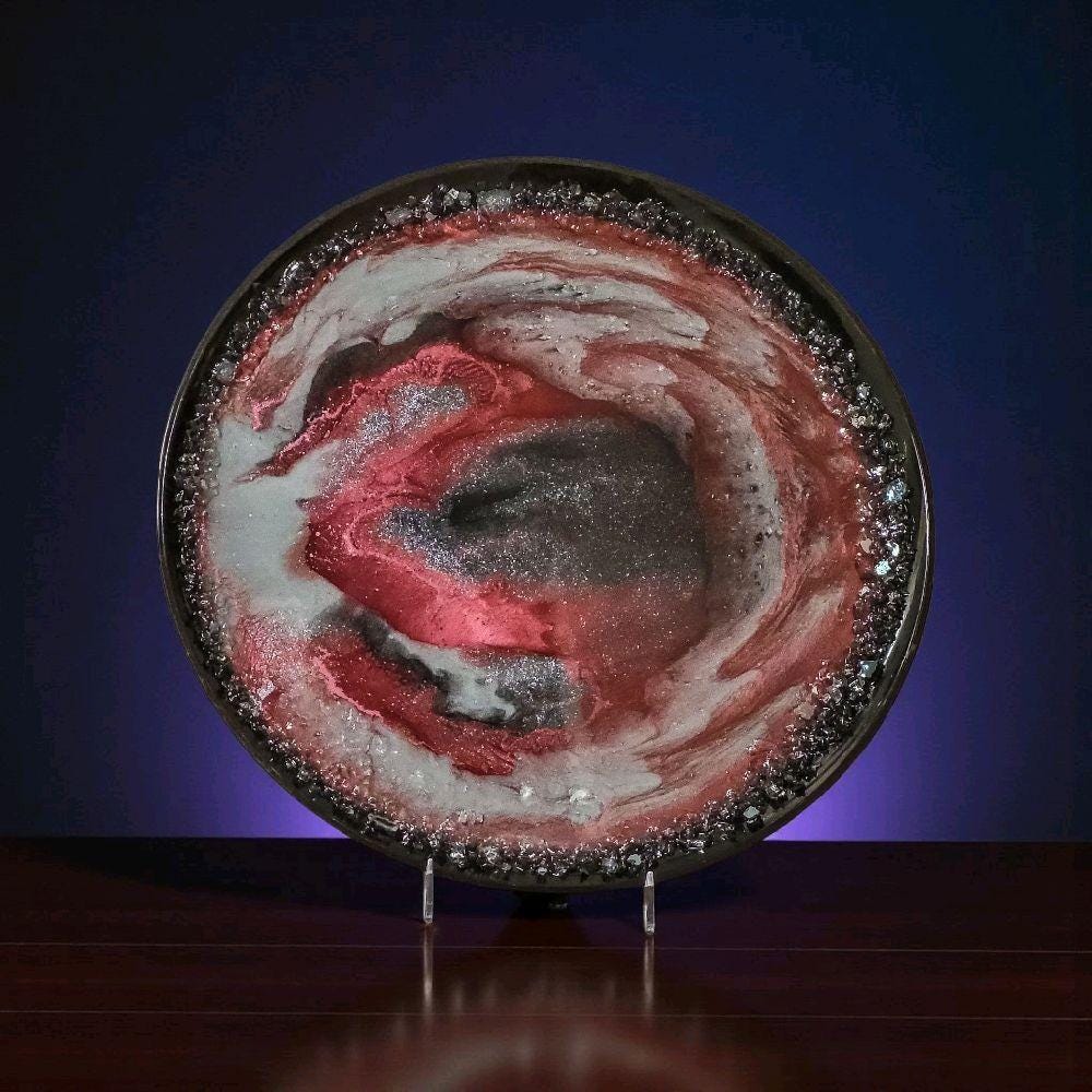 Crimson Red Resin Tray with Crystals, 3D Artwork Design