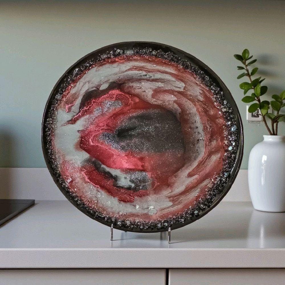 Crimson Red Resin Tray with Crystals, 3D Artwork Design