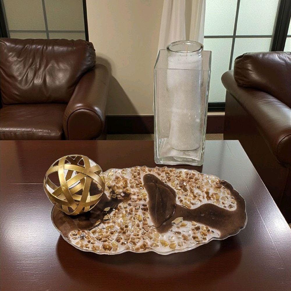 Hand-Designed 3D Crystal Resin Tray - Metallic Brown & Gold Decor