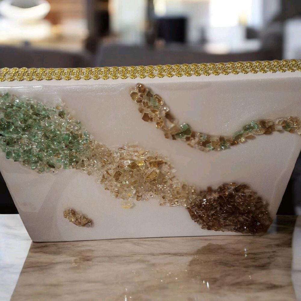 Hand-Designed Crystal 3D Wall Art, Gold Brown Green Abstract Home Decor. Size 12x16 SET OF 2