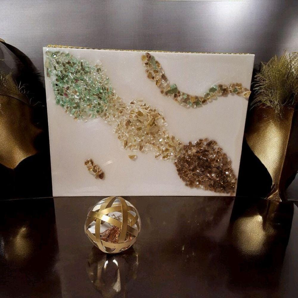 Hand-Designed Crystal 3D Wall Art, Gold Brown Green Abstract Home Decor. Size 12x16 SET OF 2