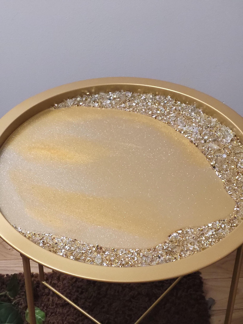 Gold Accent Table with Resin and Crystals, Decorative Display Decor