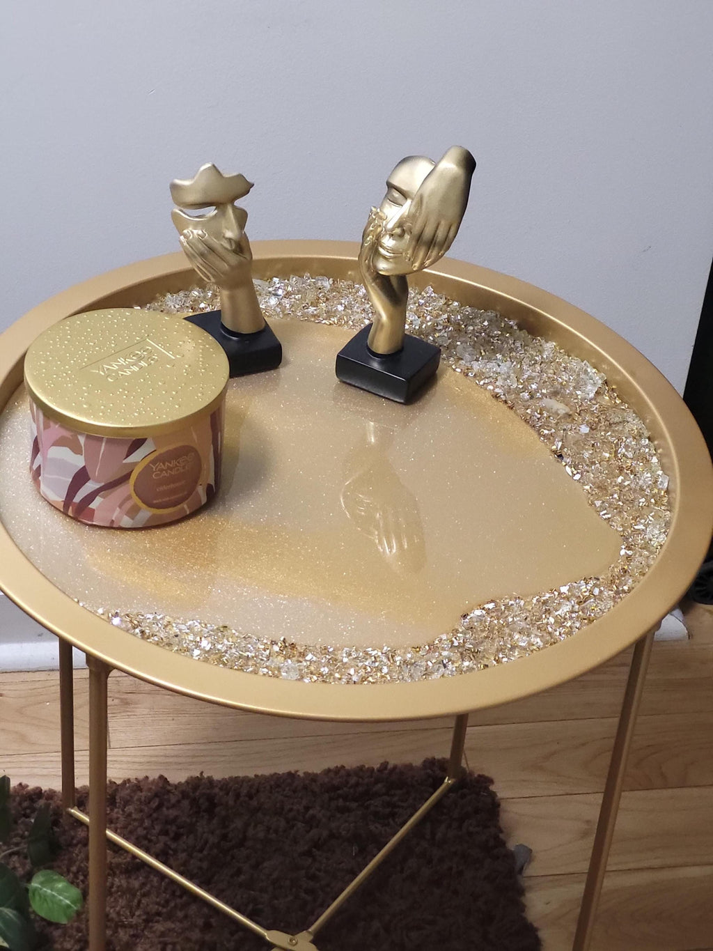Gold Accent Table with Resin and Crystals, Decorative Display Decor
