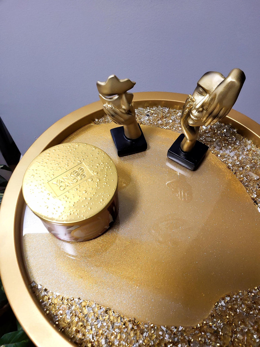 Gold Accent Table with Resin and Crystals, Decorative Display Decor