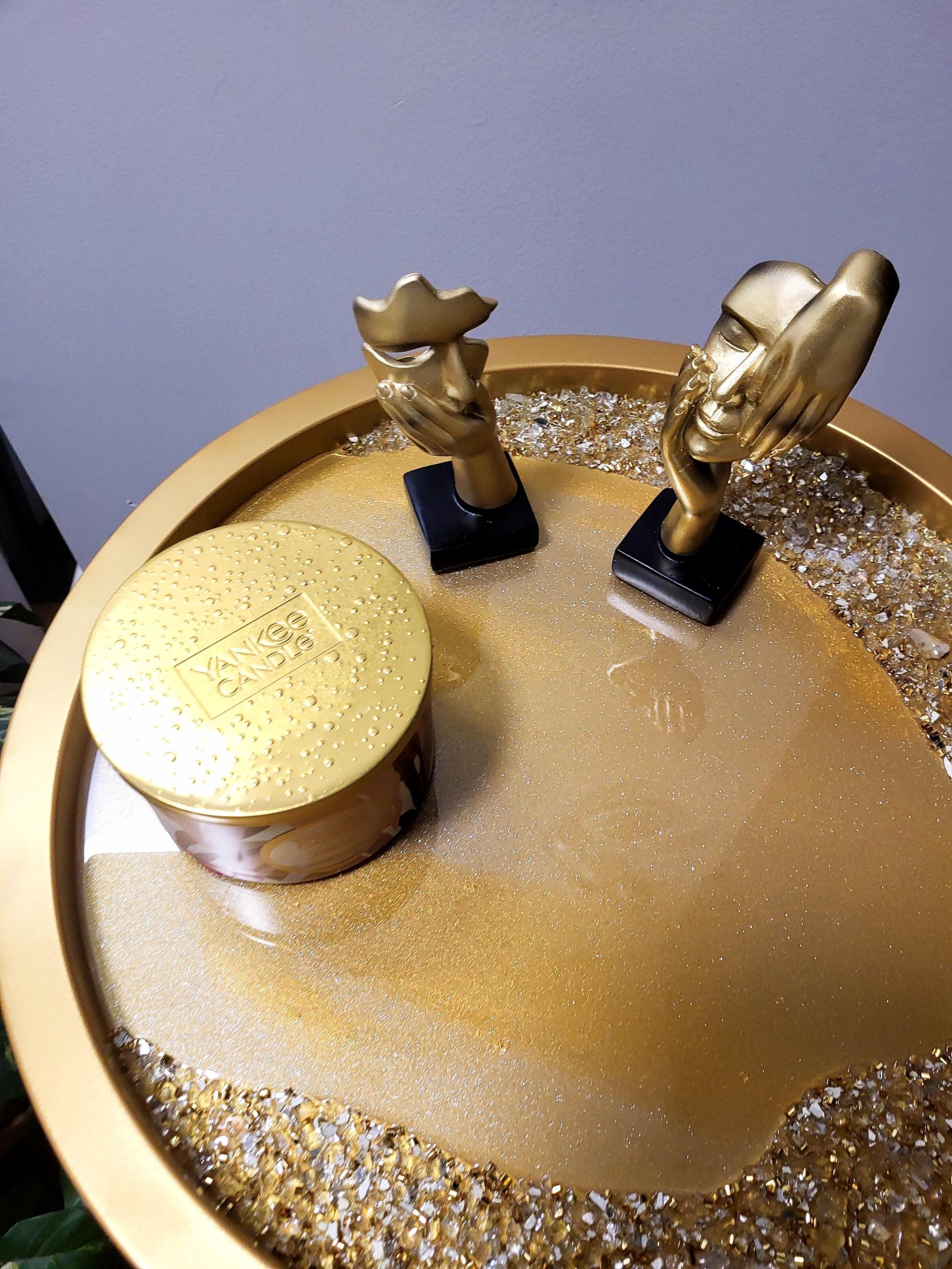 Gold Accent Table with Resin and Crystals, Decorative Display Decor