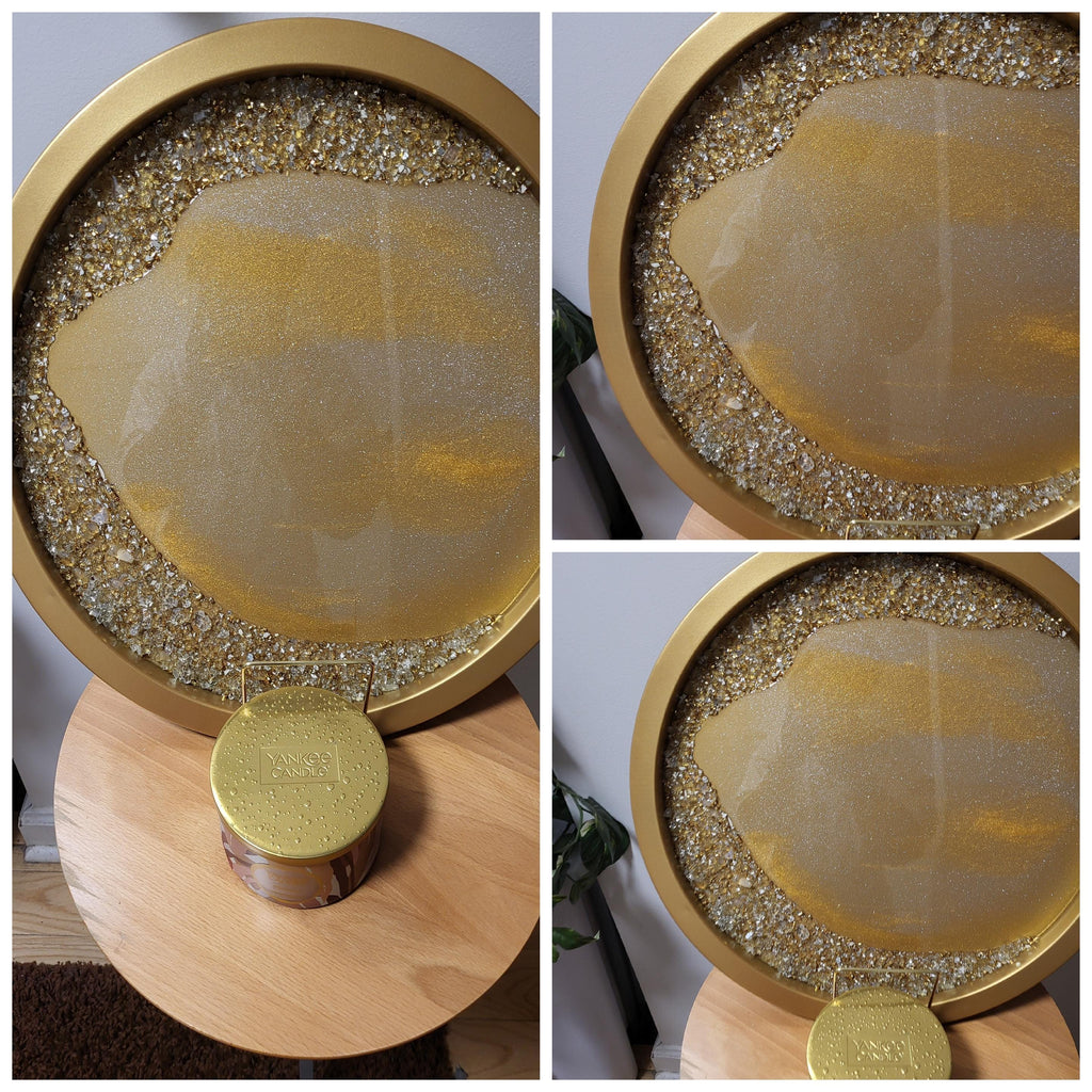 Gold Accent Table with Resin and Crystals, Decorative Display Decor