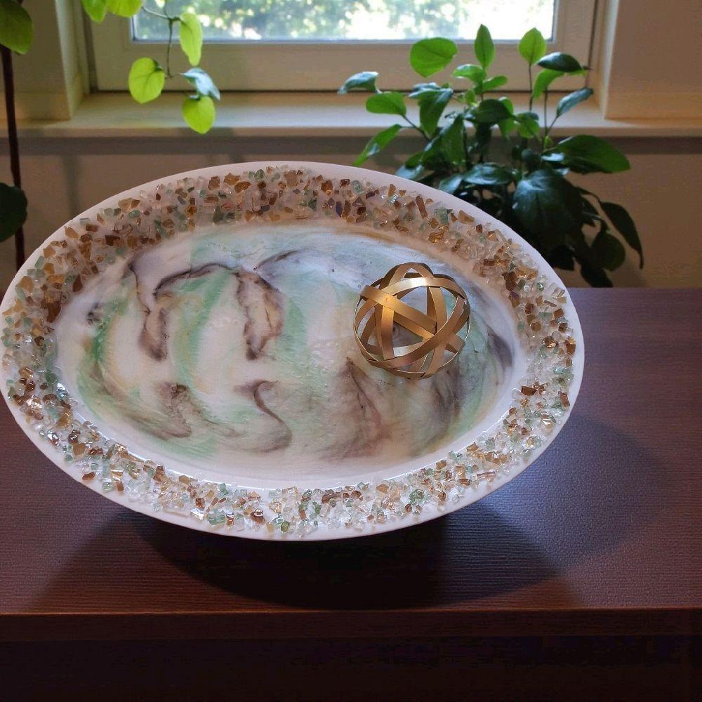 3D Resin Artwork Serving Tray: Green, Brown, Gold Crystals, Home Decor (14x21)