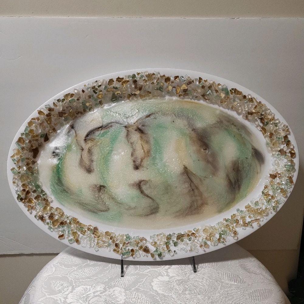 3D Resin Artwork Serving Tray: Green, Brown, Gold Crystals, Home Decor (14x21)