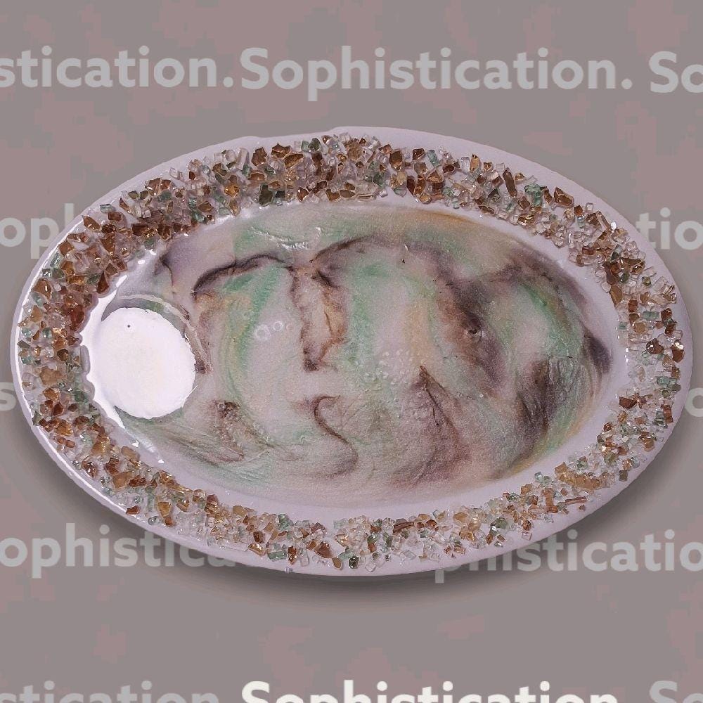3D Resin Artwork Serving Tray: Green, Brown, Gold Crystals, Home Decor (14x21)