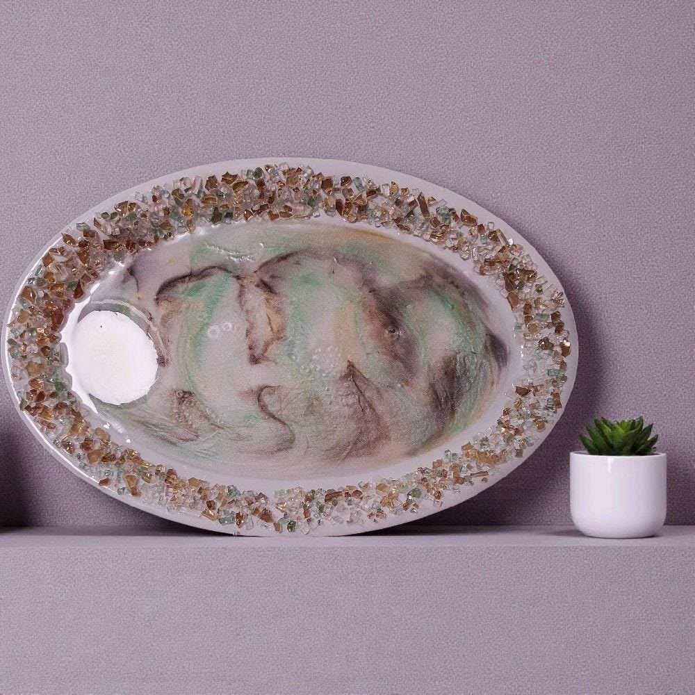 3D Resin Artwork Serving Tray: Green, Brown, Gold Crystals, Home Decor (14x21)