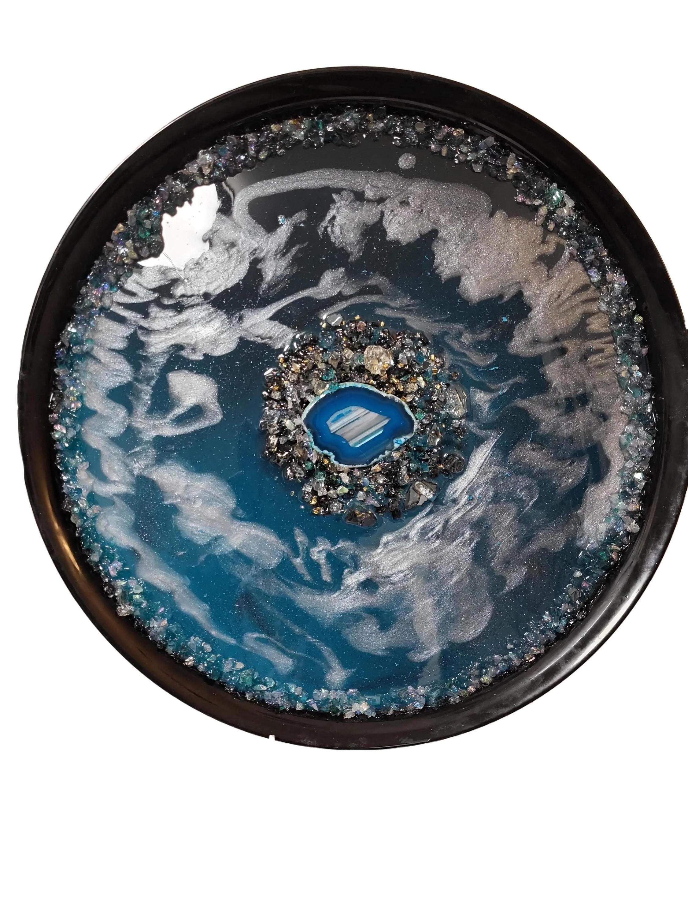 Teal Blue Resin Tray with Crystals, Metallic White Organizer