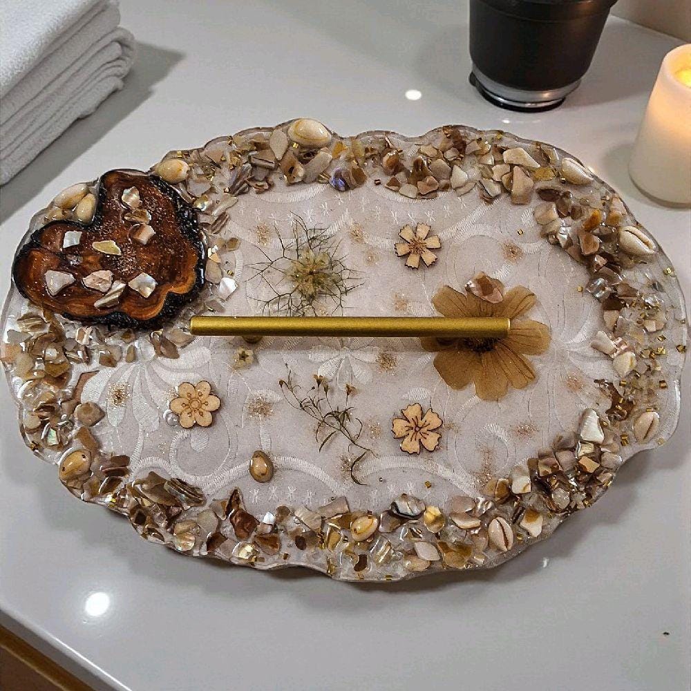 Floral & Pearl Crystal Resin Tray - Elegant Earth Tone Bathroom Decor