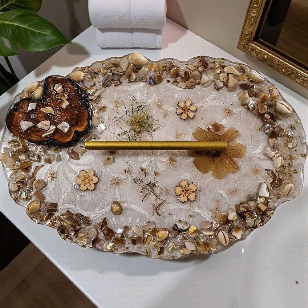 Floral & Pearl Crystal Resin Tray - Elegant Earth Tone Bathroom Decor