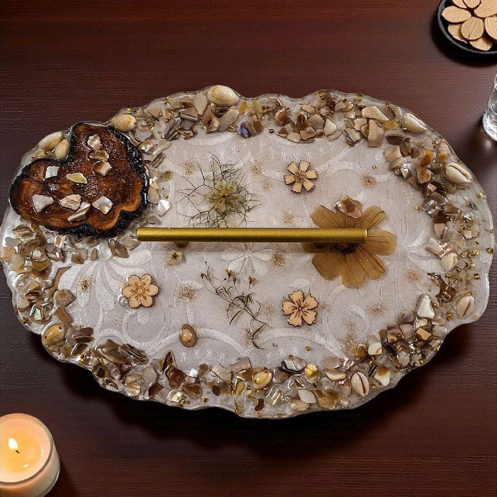 Floral & Pearl Crystal Resin Tray - Elegant Earth Tone Bathroom Decor