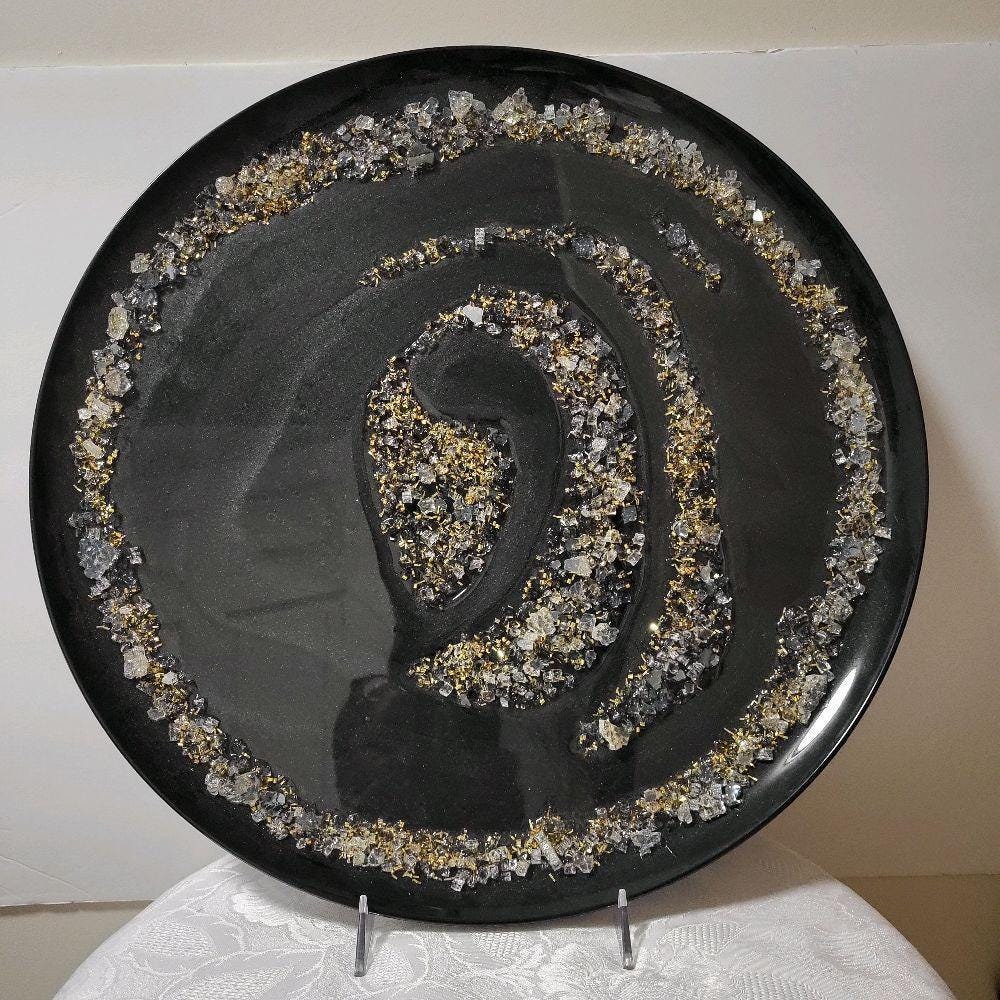 Resin Tray Artwork – Metallic Black with Crystals and Gold