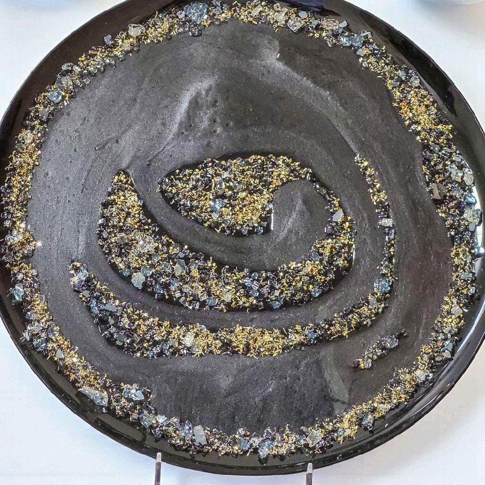 Resin Tray Artwork – Metallic Black with Crystals and Gold