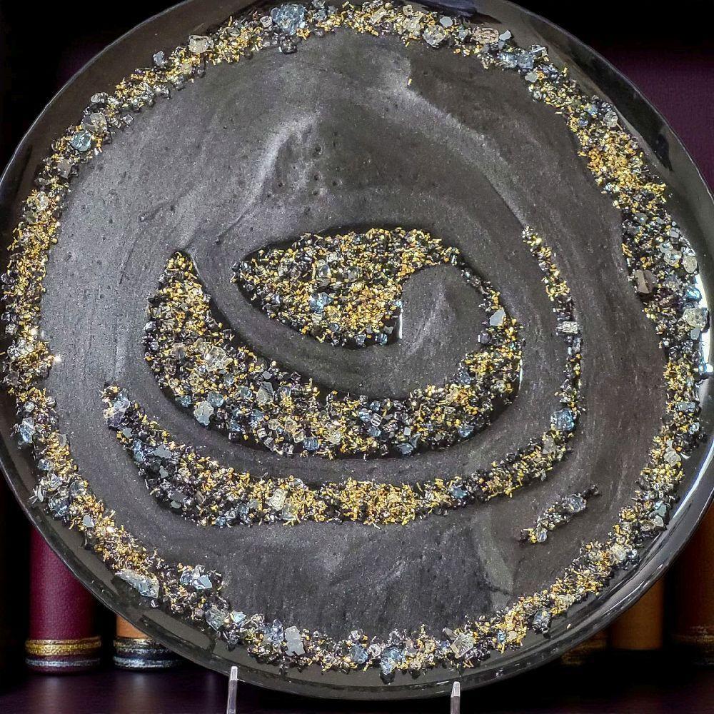 Resin Tray Artwork – Metallic Black with Crystals and Gold