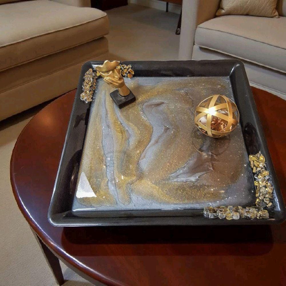 Hand-Designed Gold & White Resin Tray, 3D Crystallized Decor