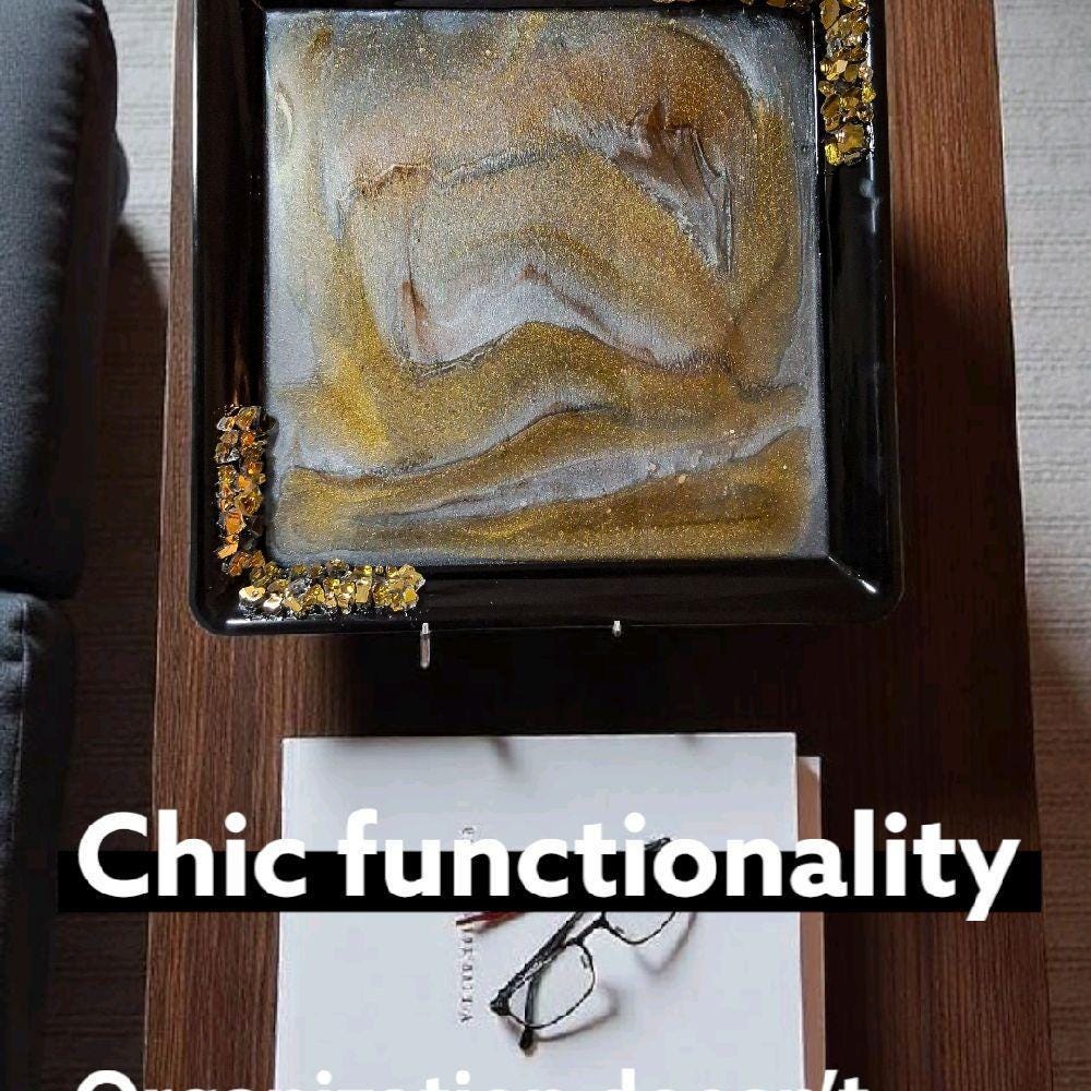 Hand-Designed Gold & White Resin Tray, 3D Crystallized Decor