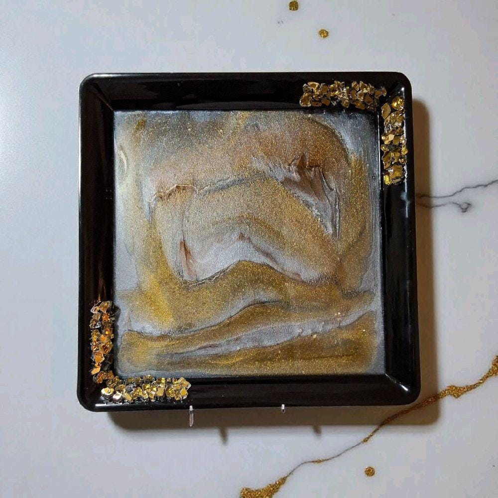 Hand-Designed Gold & White Resin Tray, 3D Crystallized Decor