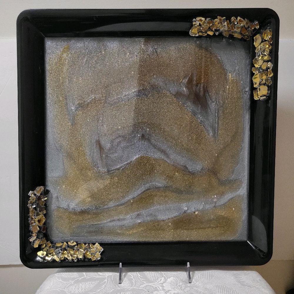 Hand-Designed Gold & White Resin Tray, 3D Crystallized Decor