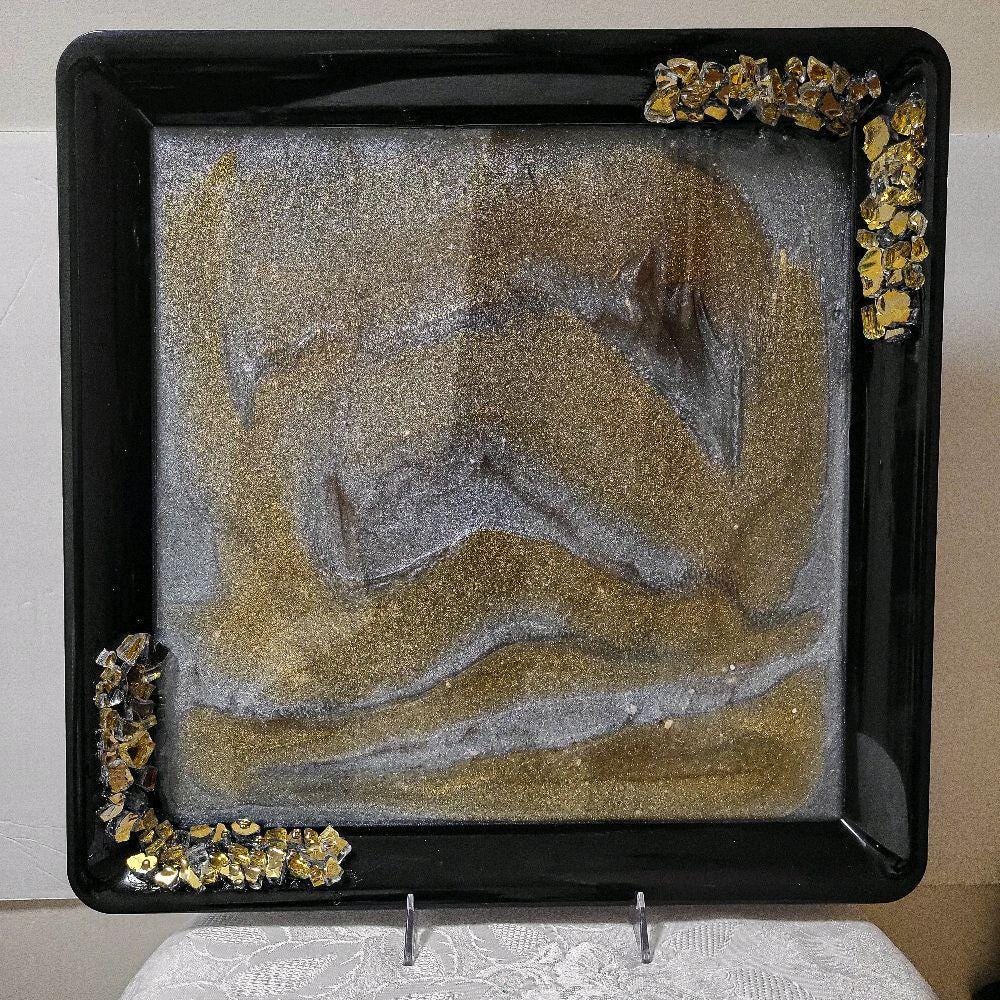 Hand-Designed Gold & White Resin Tray, 3D Crystallized Decor