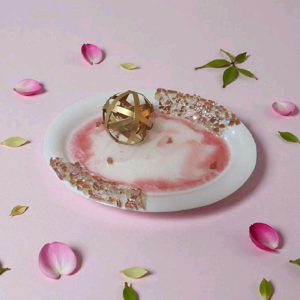 Hand-Designed 3D Crystal Tray, Rose Pink and White Resin, Home Decor