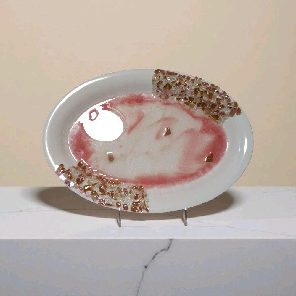 Hand-Designed 3D Crystal Tray, Rose Pink and White Resin, Home Decor