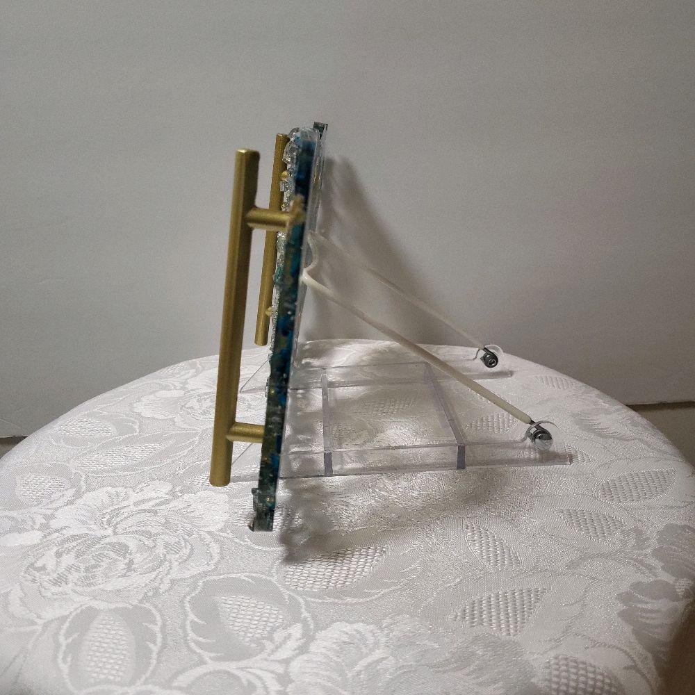 Hand-Designed Crystallized Tray – Aqua Bluish Green Decorative Tray with Handles (6x12 inch)