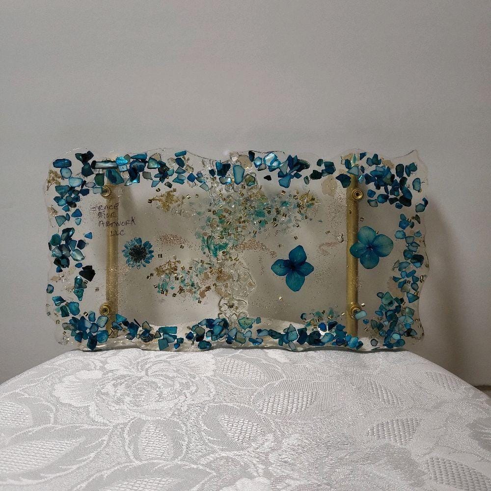 Hand-Designed Crystallized Tray – Aqua Bluish Green Decorative Tray with Handles (6x12 inch)