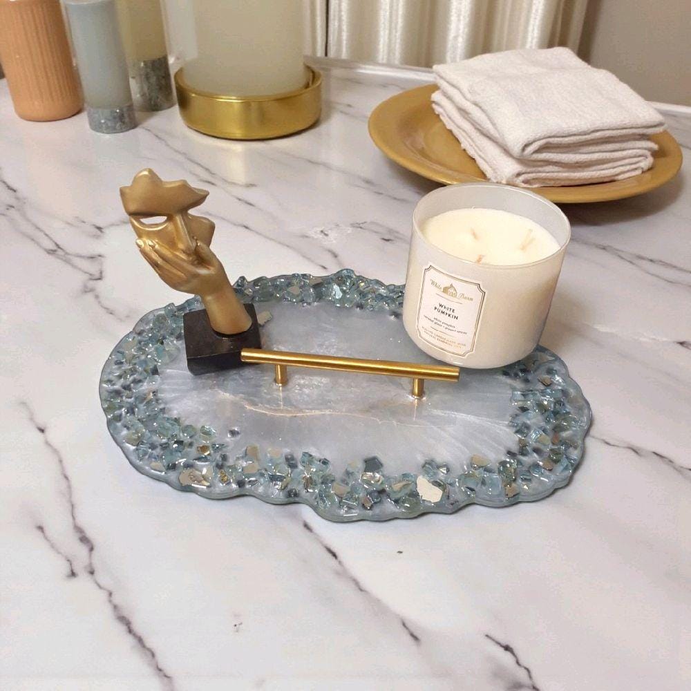 Resin Tray – Blue Crystals, Gold Handle, Elegant Home Decor
