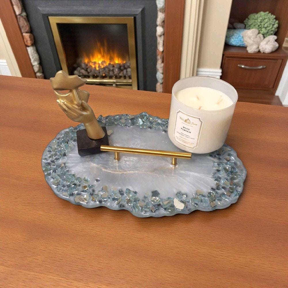 Resin Tray – Blue Crystals, Gold Handle, Elegant Home Decor